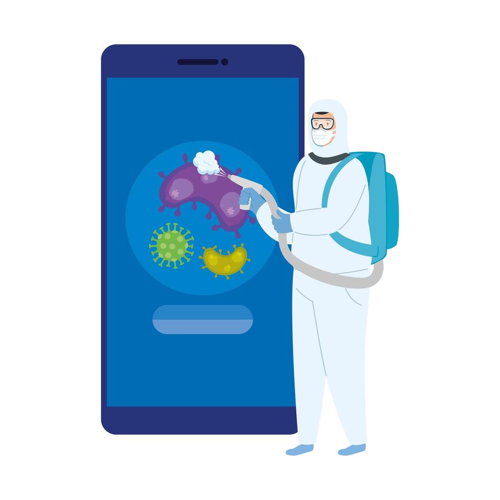 Person, die Anzug Biohazard für Smartphone-Desinfektionsmittel verwendet vektor