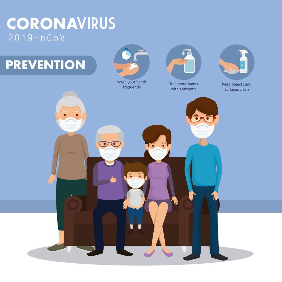 söt familj som använder ansiktsmask med förebyggande 2019 ncov vektor