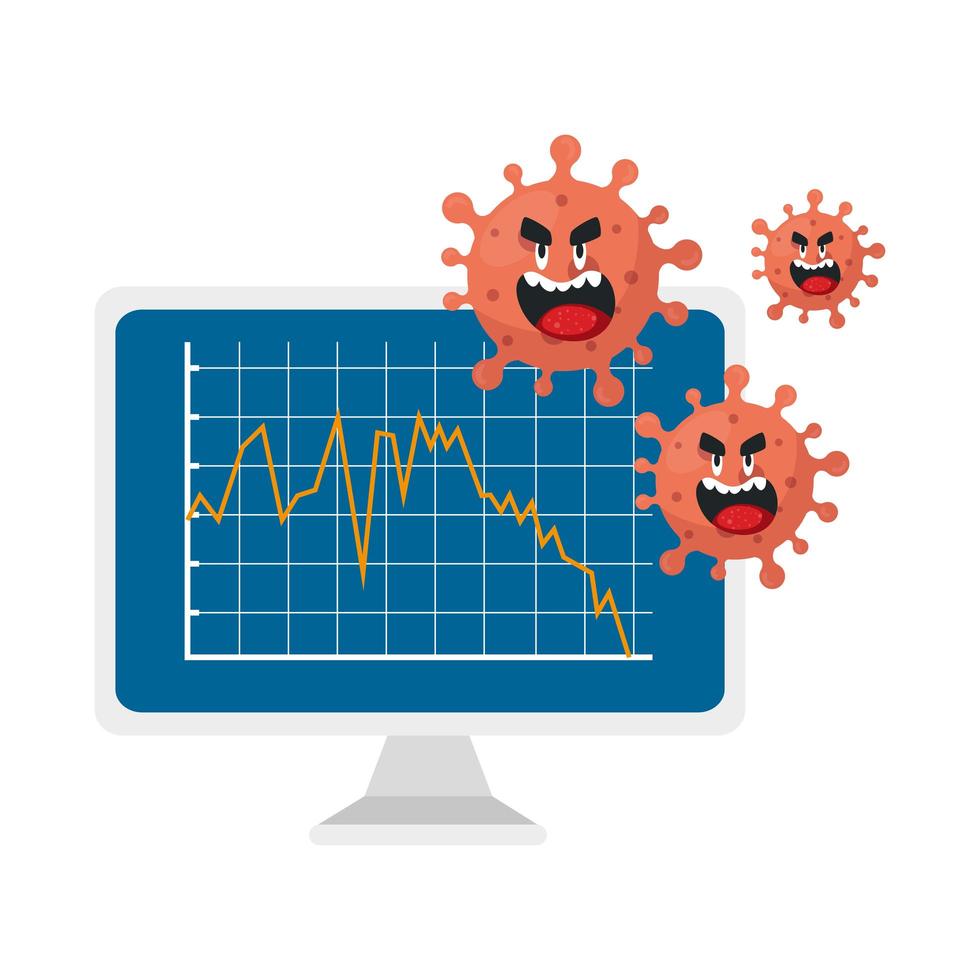 Computer mit Infografik und Cartoon Coronavirus Emoji auf einem weißen Hintergrund vektor