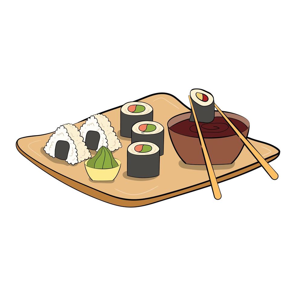 eine reihe von sushi auf einem teller. Vektor-Illustration auf weißem Hintergrund. vektor