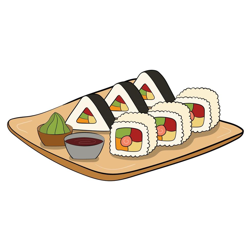 en uppsättning av sushi på en tallrik. vektor illustration på en vit bakgrund.