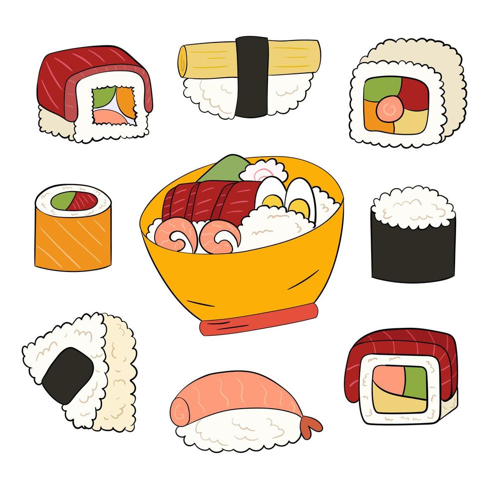 sushi uppsättning, onigiri, peta skål. vektor illustration på en vit bakgrund