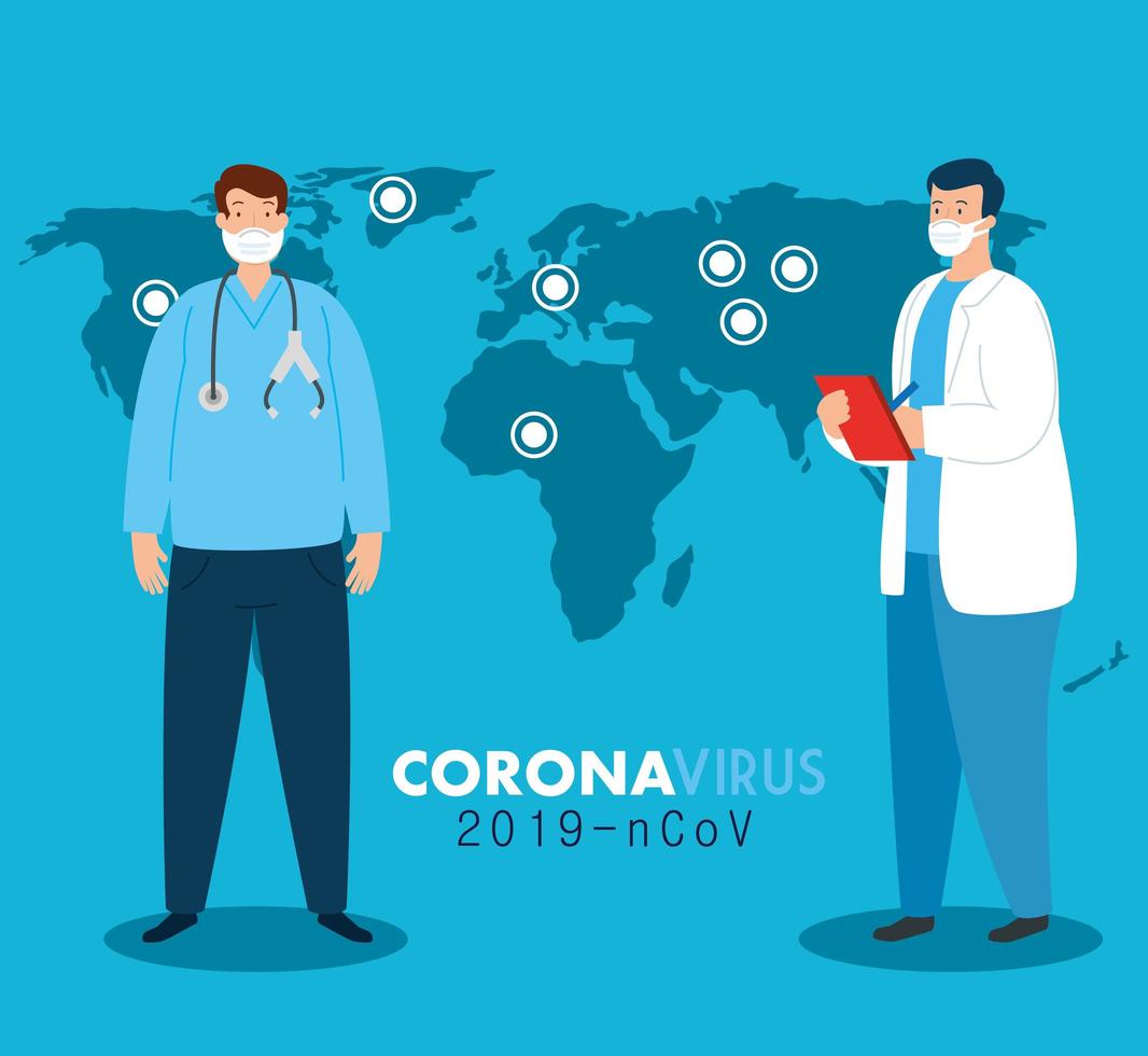 Ärzte auf der ganzen Welt tragen eine Gesichtsmaske, die für das Coronavirus kämpft, Covid 19 auf der Weltkarte vektor