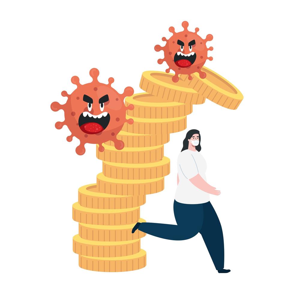 Karton Coronavirus Emoji, rote Blutkörperchen mit Gesicht, Frau läuft und Stapel Münzen, Geld Bargeld, Krisensituation vektor