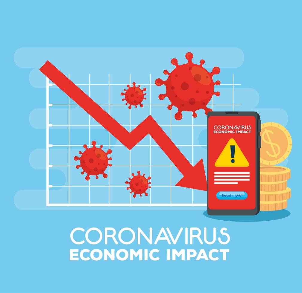 coronavirus 2019 ncov påverkar global ekonomi, covid 19 virus gör ner ekonomi, världs ekonomisk påverkan covid 19, statistikverksamhet och ikoner nere vektor