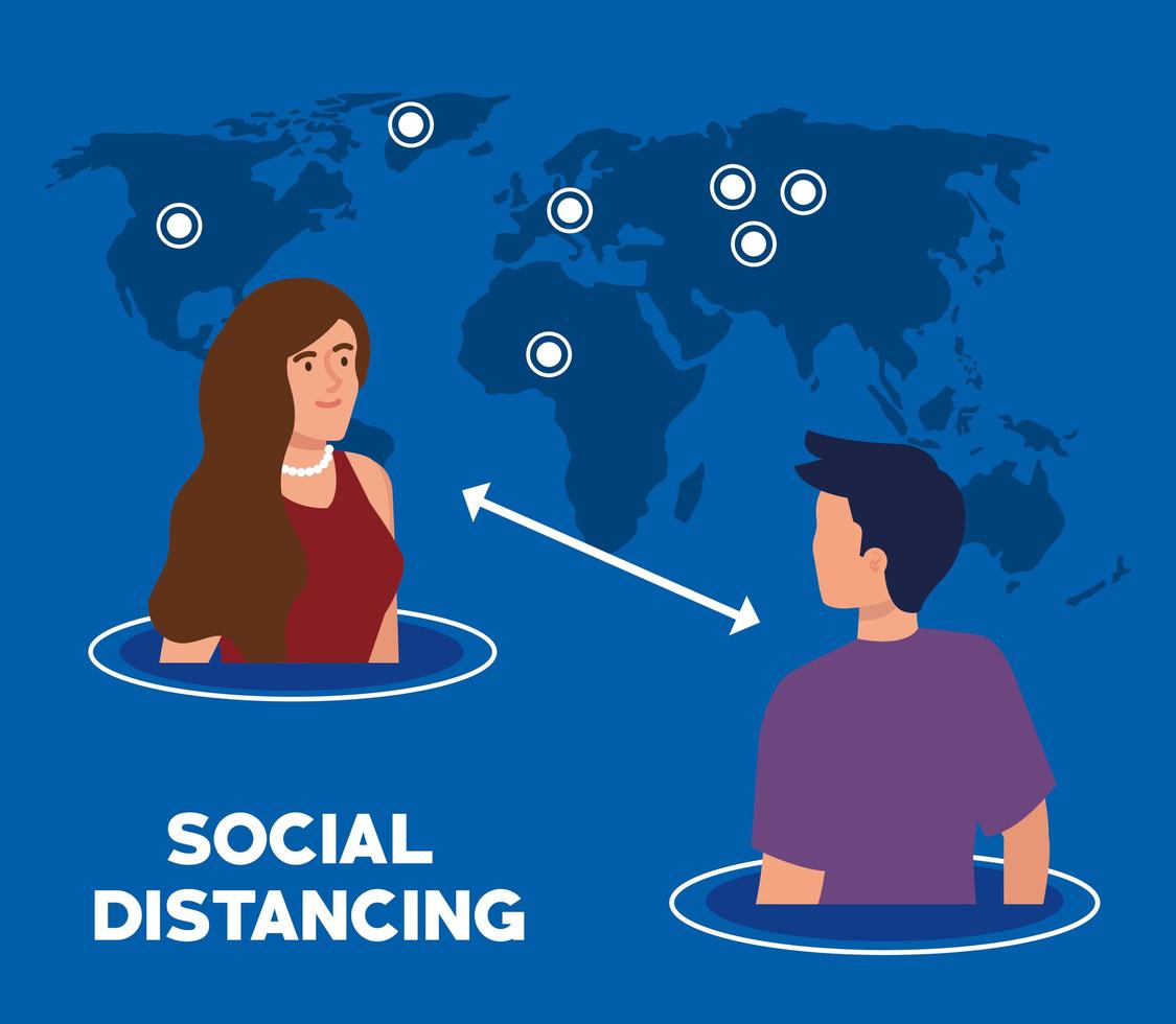 soziale Distanzierung, Abstand in der öffentlichen Gesellschaft zu Menschen halten vor Covid 19, junges Paar mit Weltkarte vektor