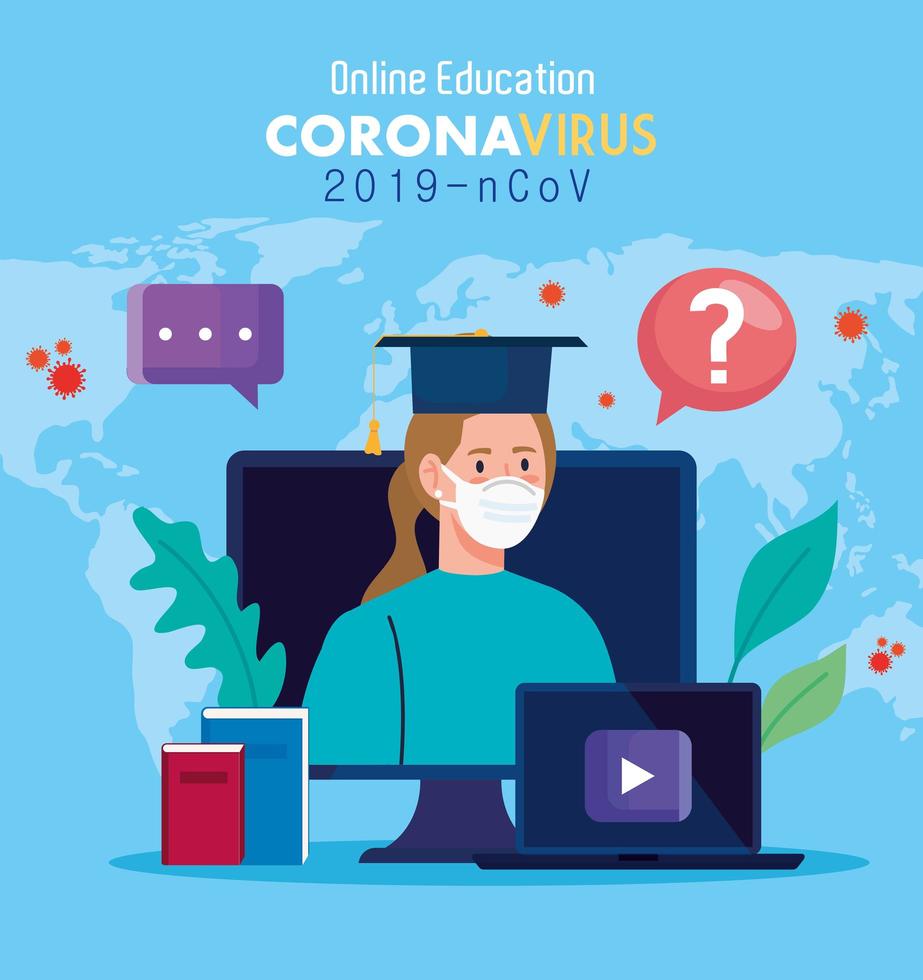 Online-Bildungsratschläge gegen die Verbreitung von Coronavirus Covid-19, Online-Lernen, Frau mit Laptop und Computer vektor