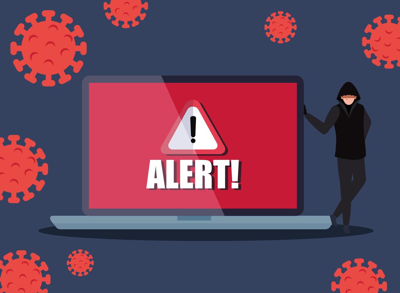 Hacker und Laptop mit Warnschild während der Covid 19-Pandemie vektor