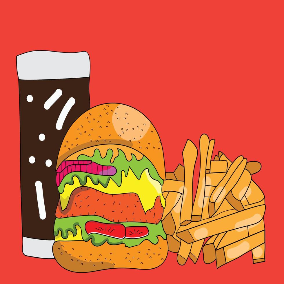 burger ritad för hand vektor illustration. tecknad serie stil. isolerat på vit bakgrund. detta vektor kan också vara Begagnade som en produkt eller varumärke logotyp. design för baner, affisch, kort, skriva ut, meny