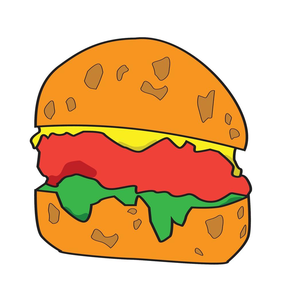 burger handgezeichnete vektorillustration. Cartoon-Stil. isoliert auf weißem Hintergrund. Dieser Vektor kann auch als Produkt- oder Markenlogo verwendet werden. design für banner, poster, karte, druck, menü