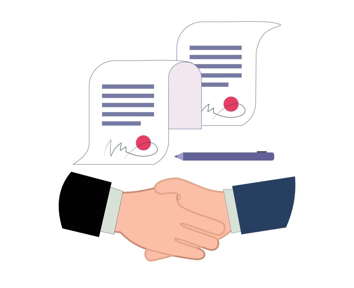 illustration slutsats av företag kontrakt. framgångsrik partnerskap. två affärsmän skakning händer i kontor. företag handla förbi avtal. företag kontrakt vektor