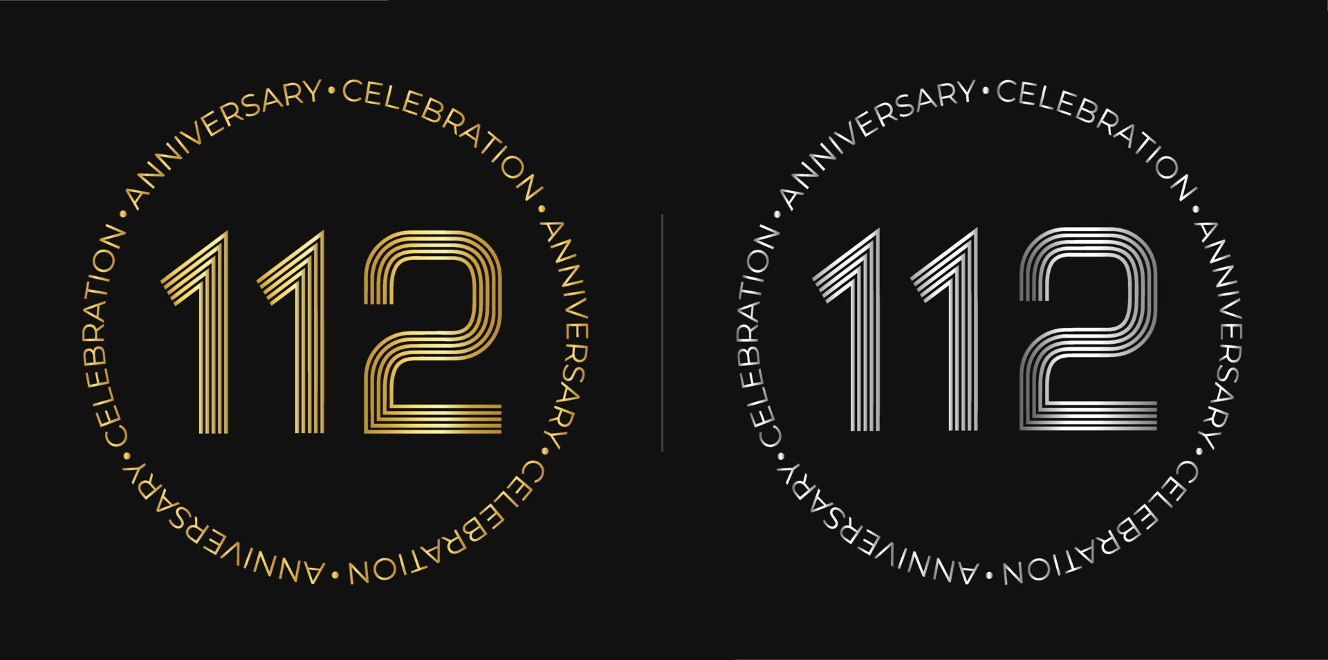 112. Geburtstag. Einhundertzwölfjähriges Jubiläumsbanner in goldenen und silbernen Farben. kreisförmiges Logo mit Originalzahlen-Design. vektor