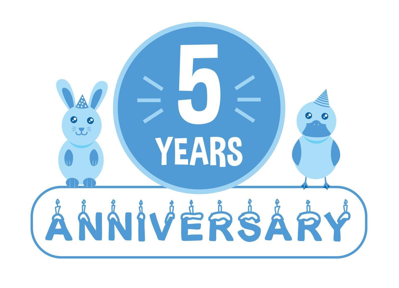 5:e födelsedag. fem år årsdag firande baner med blå djur tema för ungar. vektor