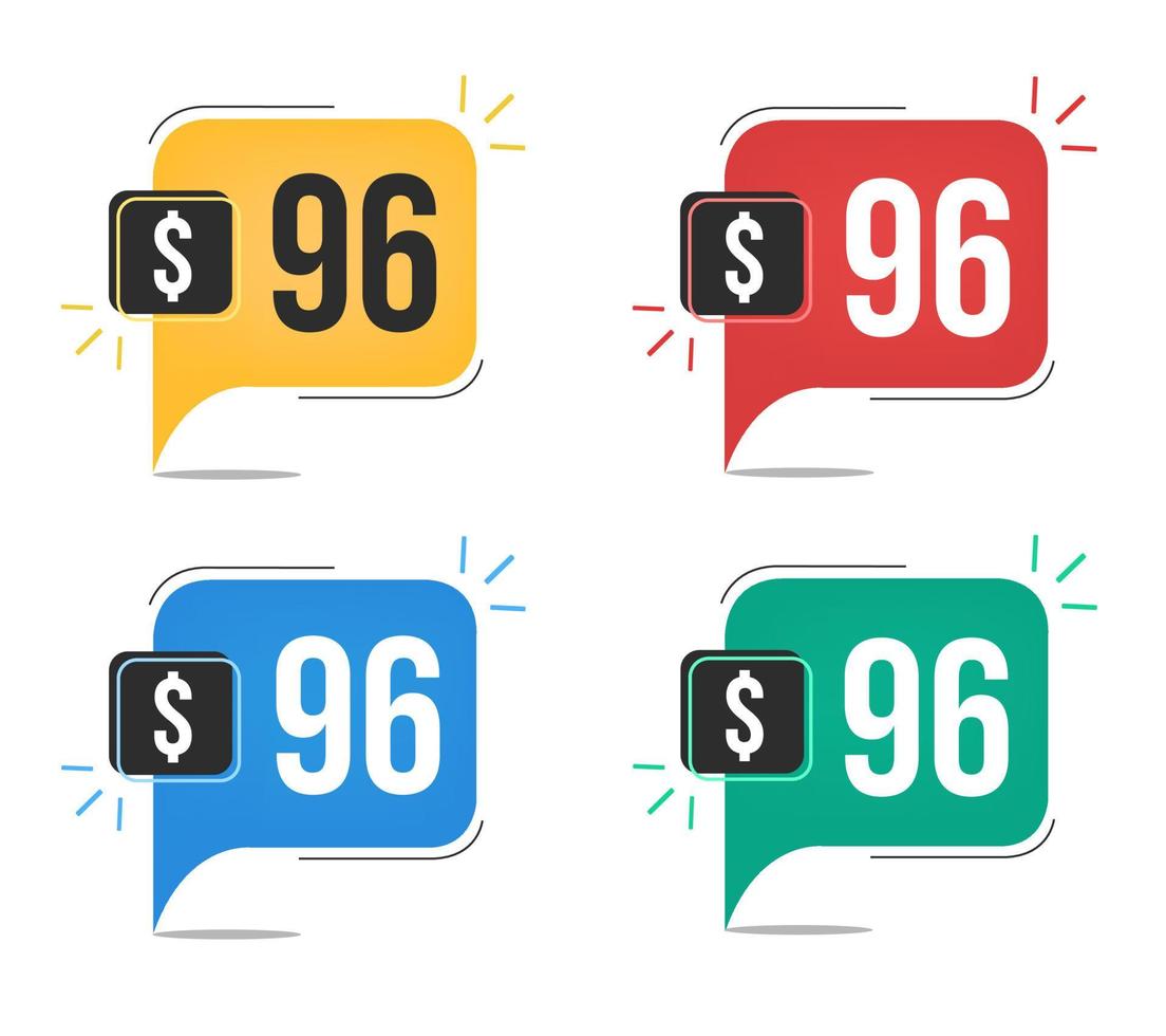 96 Dollar Preis. gelbe, rote, blaue und grüne währungsetiketten mit sprechblasenkonzept. vektor