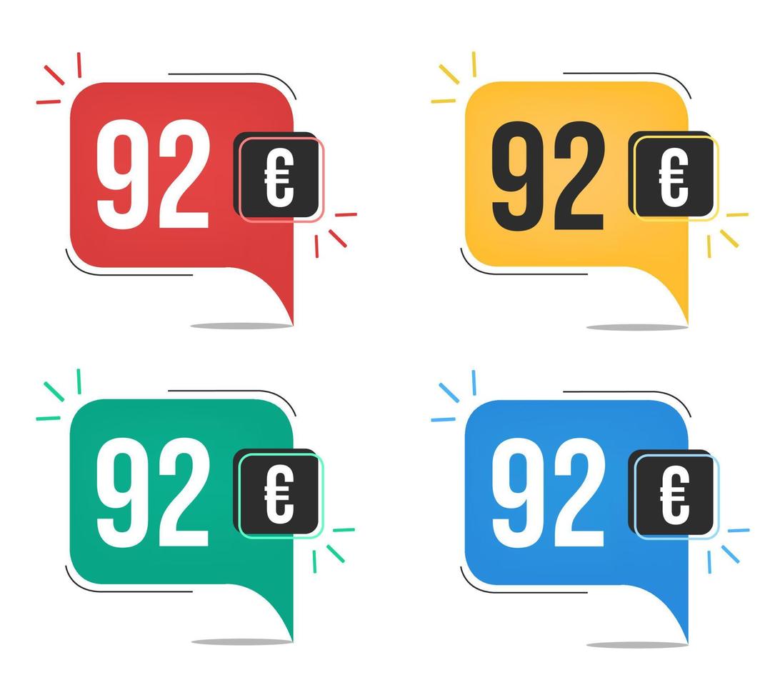 92 Euro Preis. gelbe, rote, blaue und grüne währungsetiketten mit sprechblasenkonzept. vektor