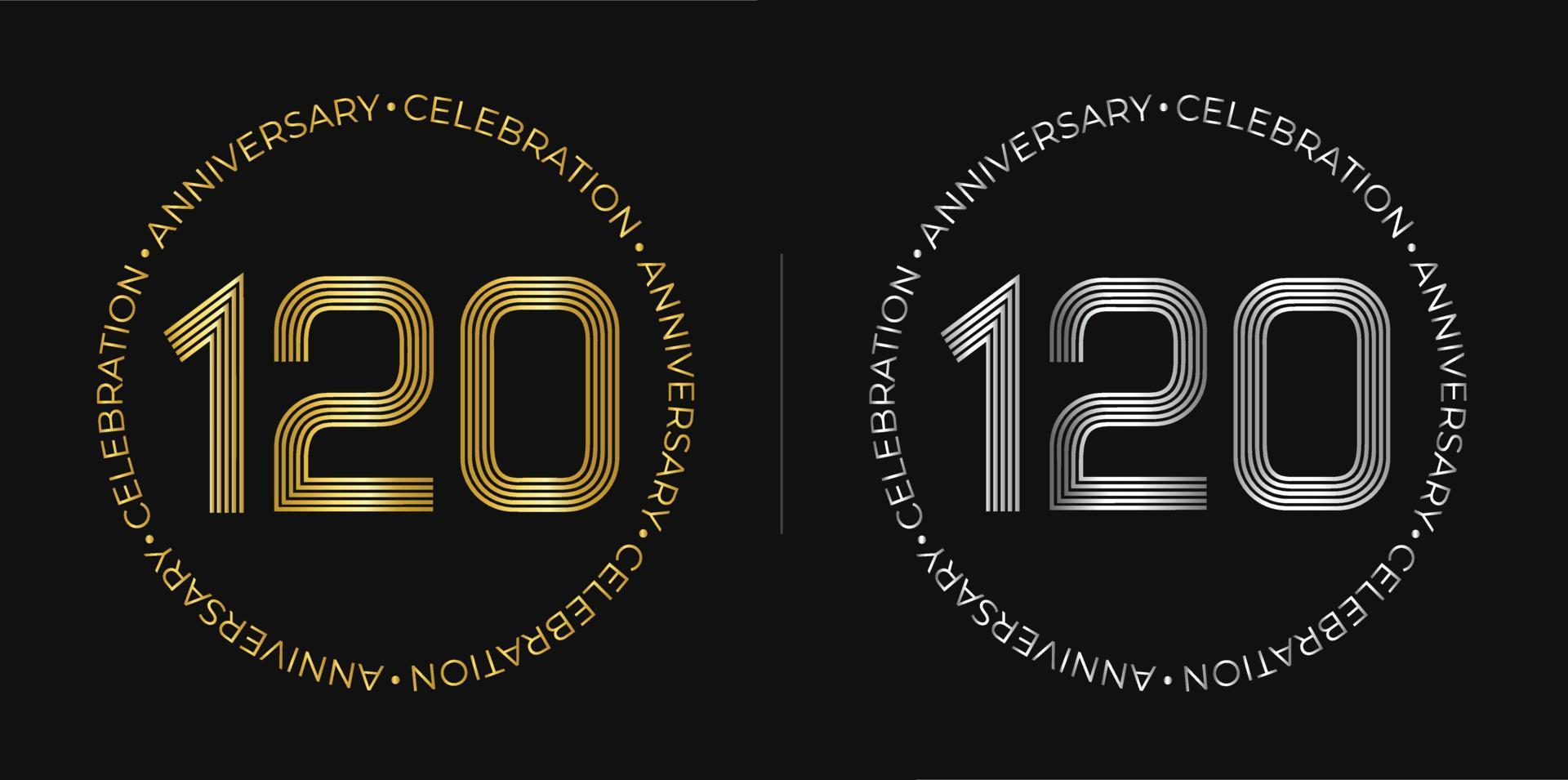 120. Geburtstag. einhundertzwanzig Jahre Jubiläumsfeier Banner in goldenen und silbernen Farben. kreisförmiges Logo mit originellem Zahlendesign in eleganten Linien. vektor