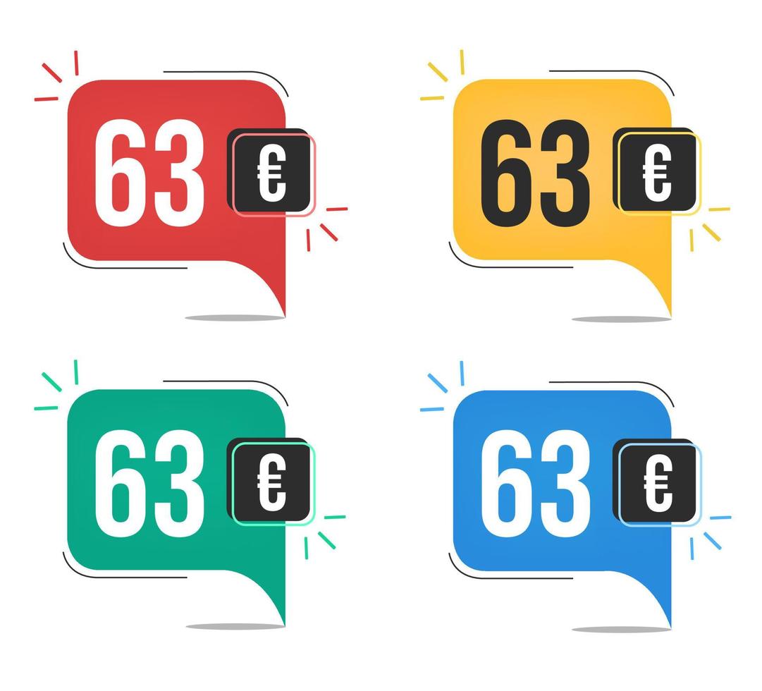 63 Euro Preis. gelbe, rote, blaue und grüne währungsetiketten mit sprechblasenkonzept. vektor