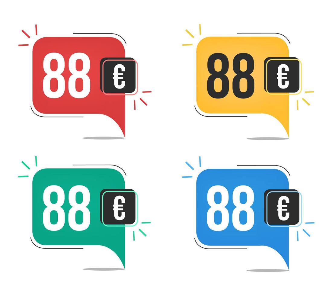 88 Euro Preis. gelbe, rote, blaue und grüne währungsetiketten mit sprechblasenkonzept. vektor