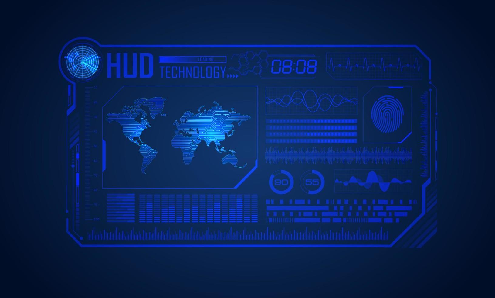 blauer moderner hud-technologie-bildschirmhintergrund mit weltkarte vektor