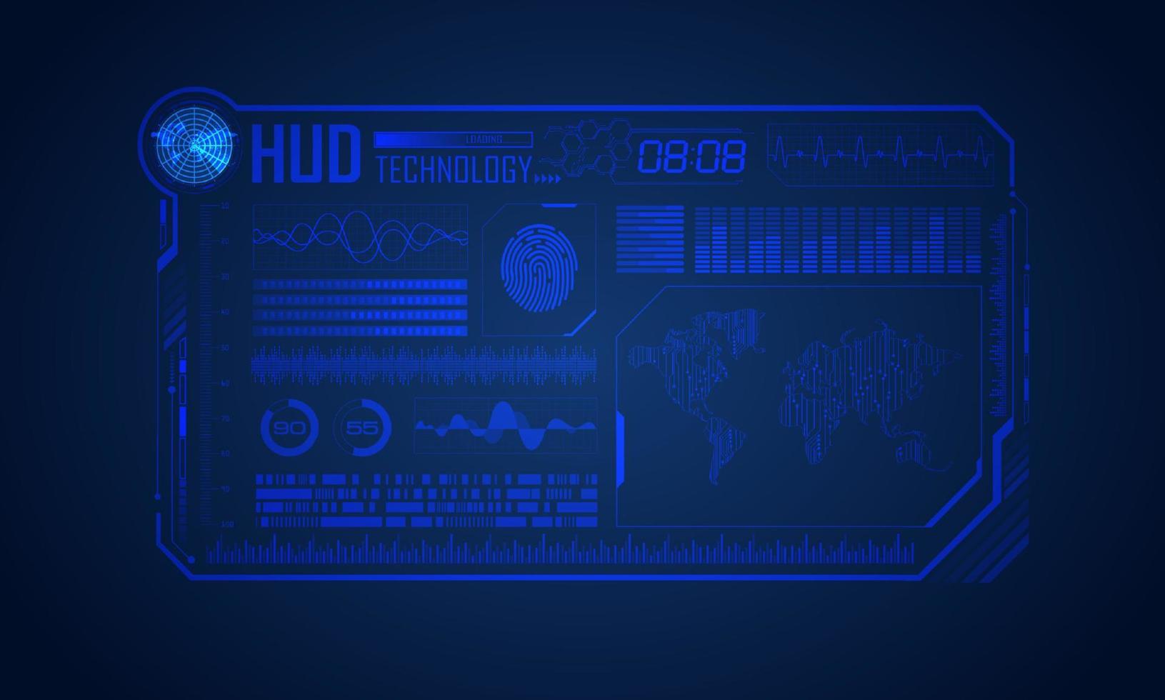 blauer moderner hud-technologie-bildschirmhintergrund mit weltkarte vektor