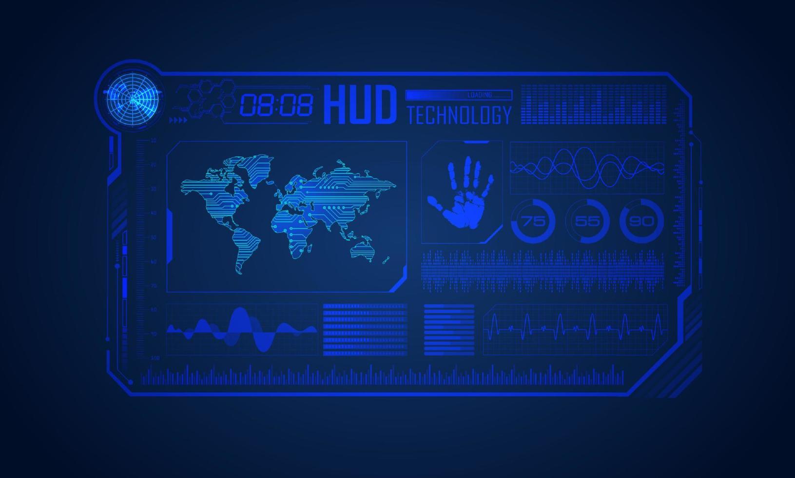 blauer moderner hud-technologie-bildschirmhintergrund mit weltkarte vektor