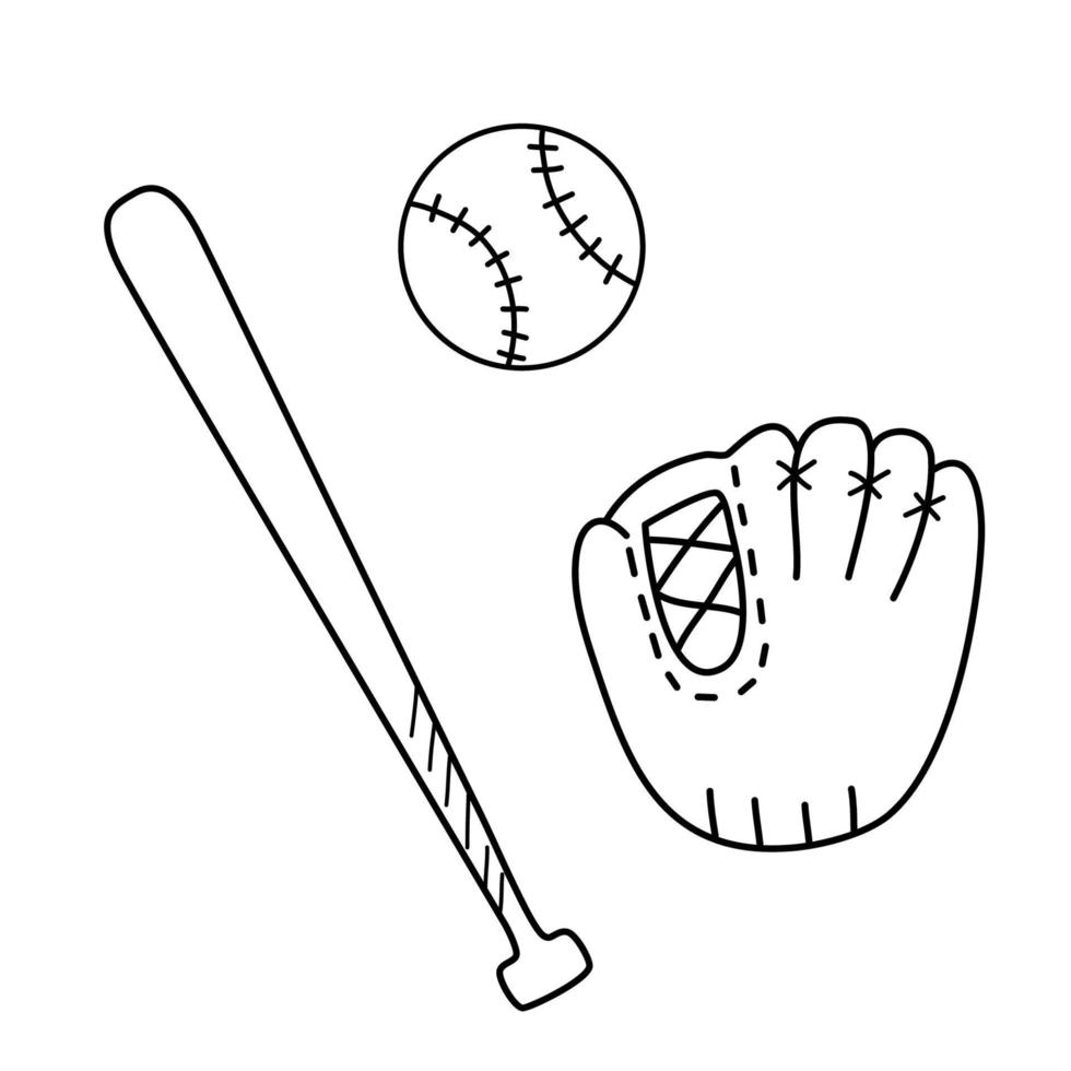 Baseballhandschuh, Schläger und Ball. vektorgekritzelillustration lokalisiert auf weiß. Grundrissskizze vektor