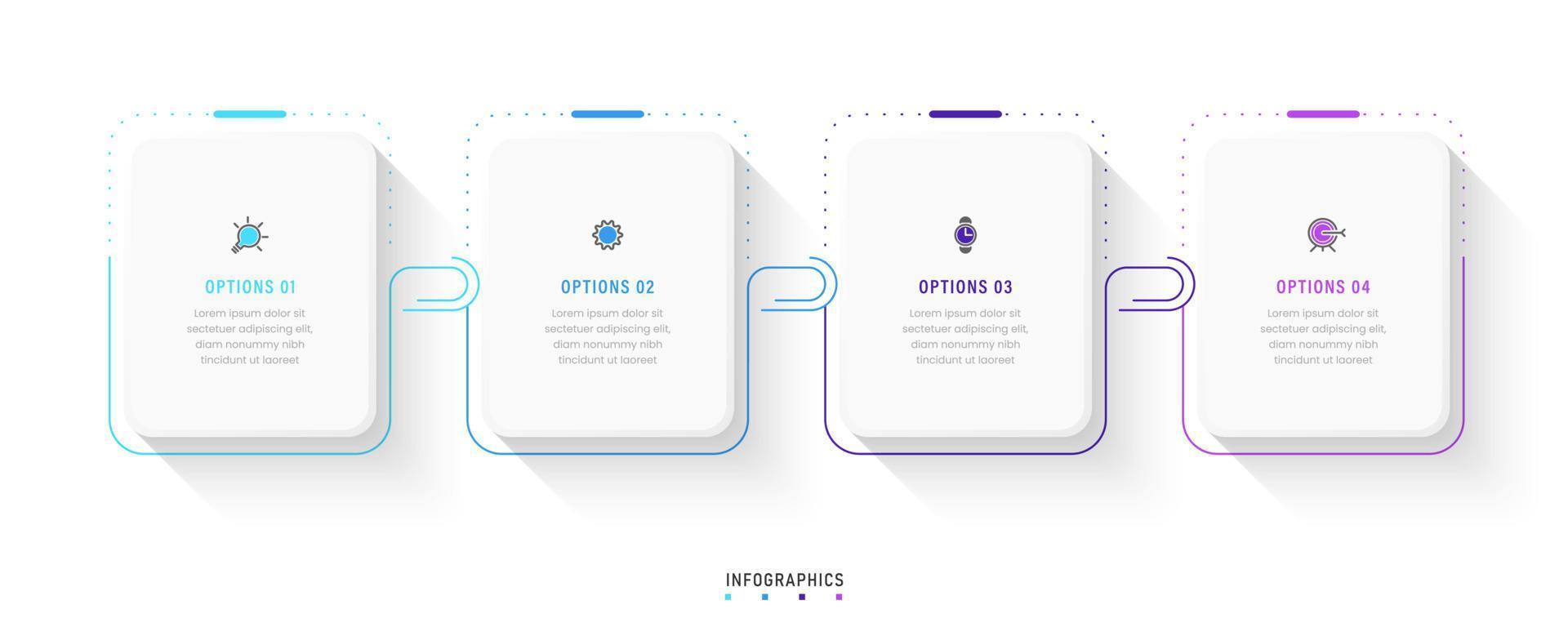 Vektor-Infografik-Etikettendesign-Vorlage mit Symbolen und 4 Optionen oder Schritten. kann für Prozessdiagramme, Präsentationen, Workflow-Layouts, Banner, Flussdiagramme und Infografiken verwendet werden. vektor