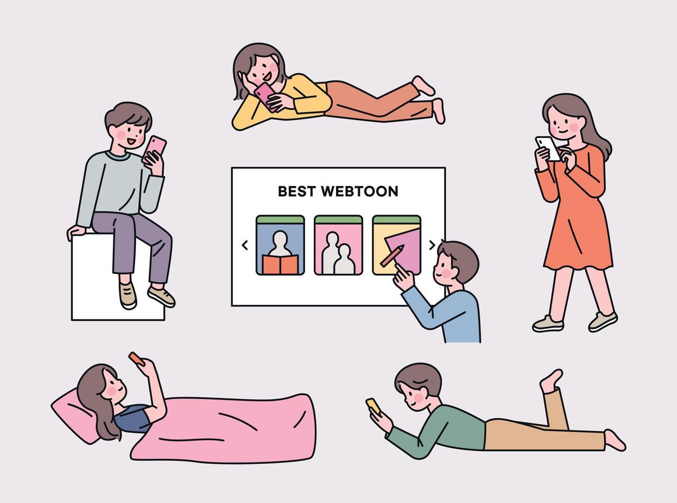 Leute, die Webtoons auf dem Handy lesen. Menschen stehen, gehen, liegen, liegen, sitzen und schauen auf ihre Telefone. vektor