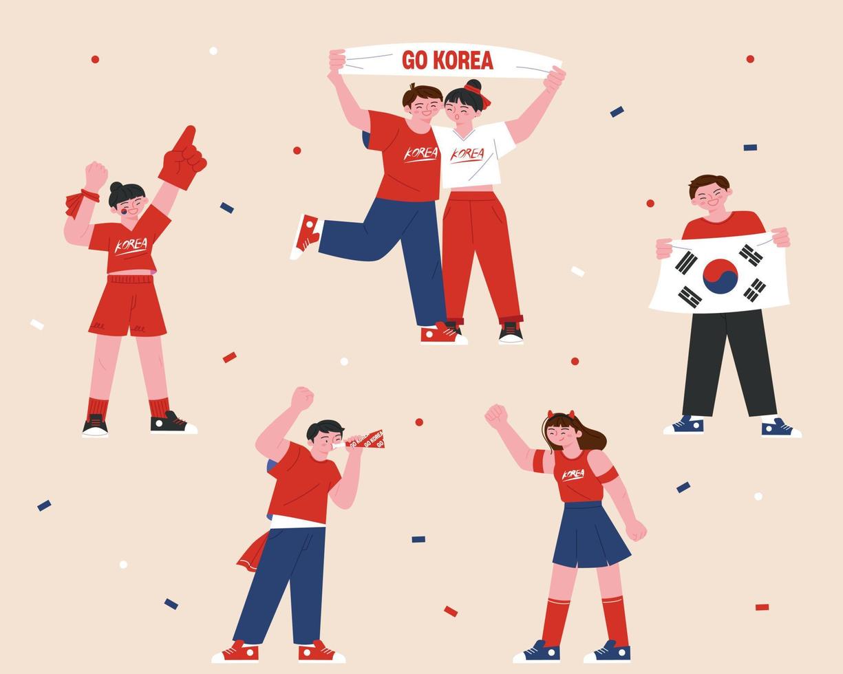 jubelnde Mannschaft des koreanischen Fußballs rote Teufel. Menschen jubeln zusammen. Leute, die Plakate oder Taegeukgi halten und schreien. vektor