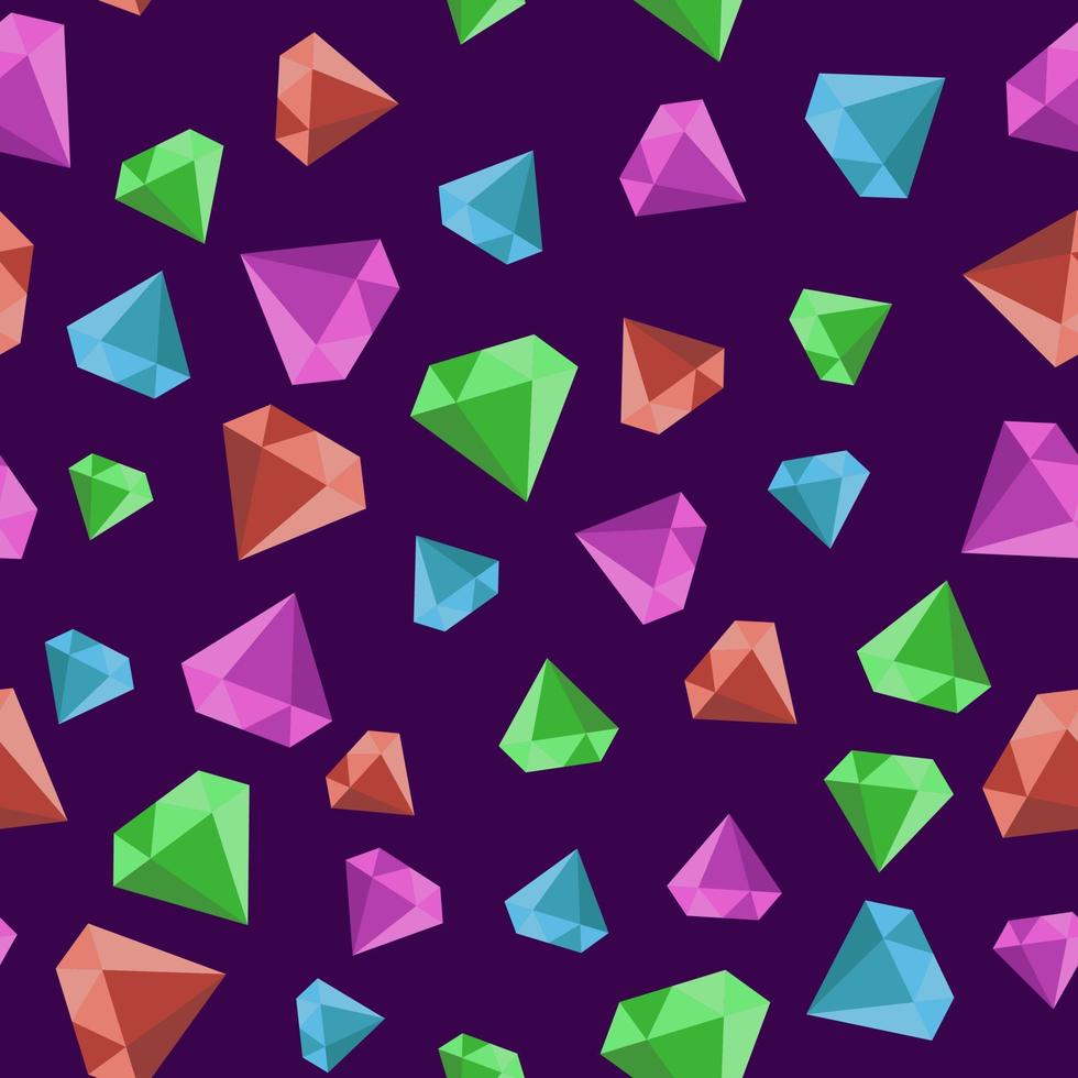 Nahtloses Muster mit bunten Edelsteinen auf einem dunkelvioletten Hintergrund, Vektorgrafik. vektor
