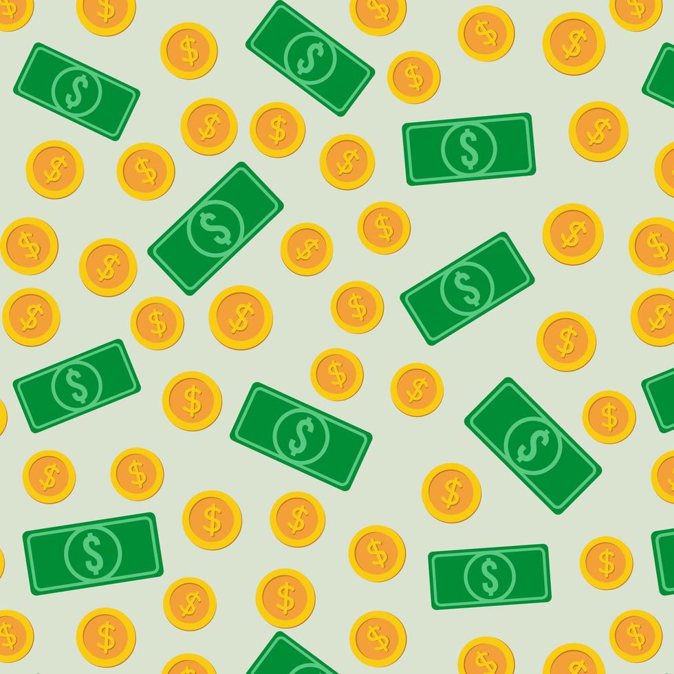 nahtloses Muster mit Geld, Münzen und Banknoten auf einer hellgrünen Hintergrundvektorkunstillustration. vektor