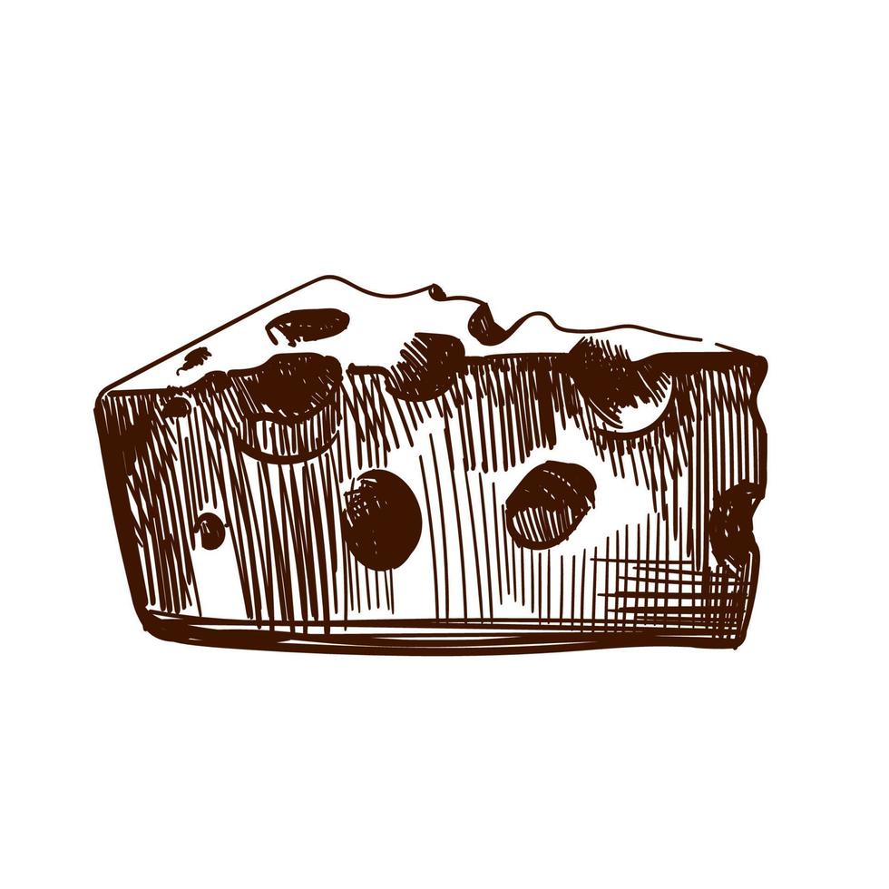 hand dragen skiss bit av ost. vektor svart och vit årgång illustration. isolerat objekt på vit bakgrund.