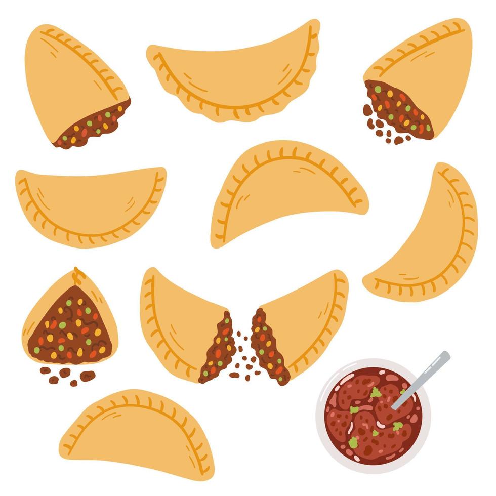 empanadas im flachen karikaturstil. handgezeichnete vektorillustration traditioneller lateinamerikanischer speisen, volksküche vektor