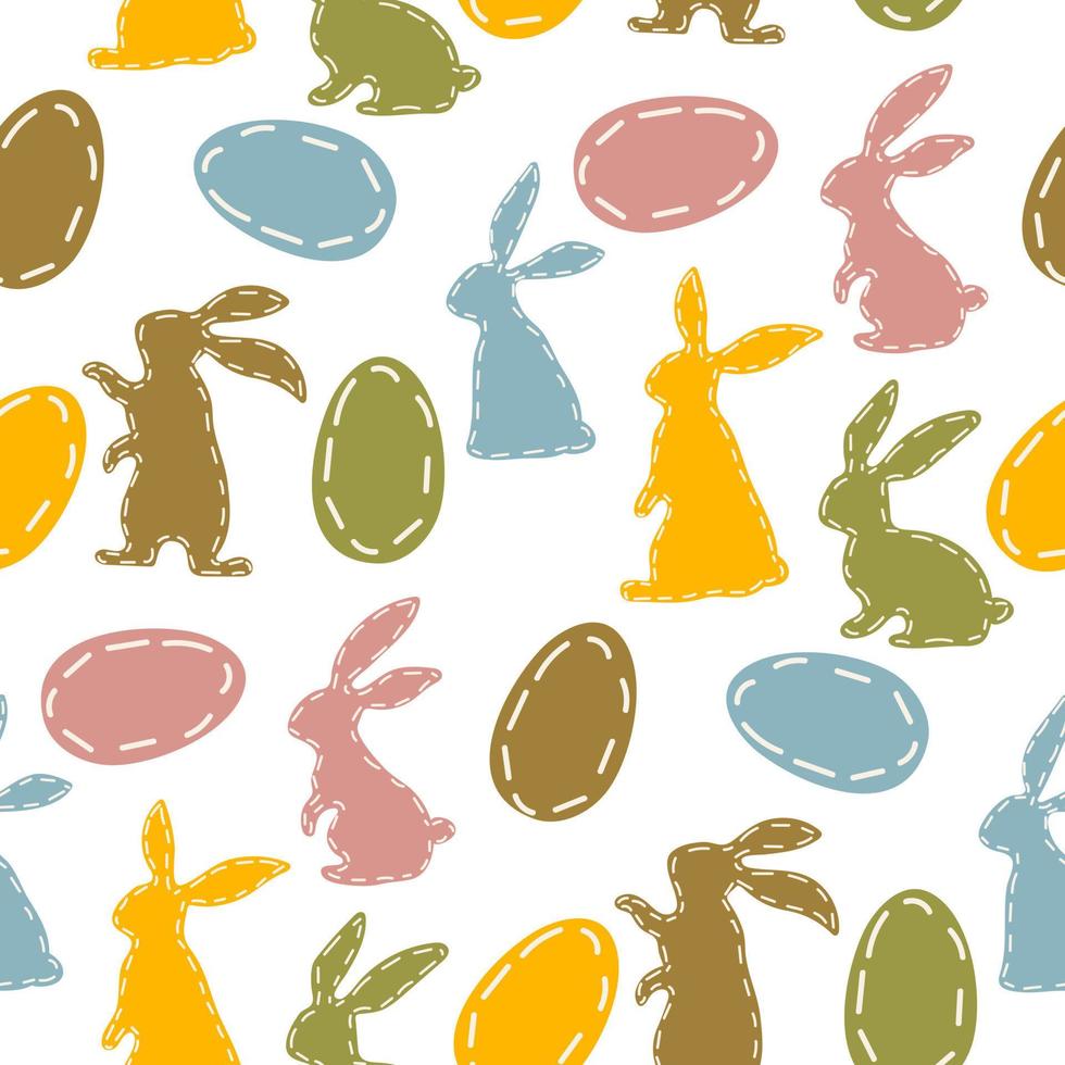 en mönster av färgad påsk kaniner och ägg. de konturer av kaniner och ägg är sys längs de kant. kanin eller hare, en vår festlig djur- för påsk. tecknad serie vektor tillverkad av tyg. förpackning