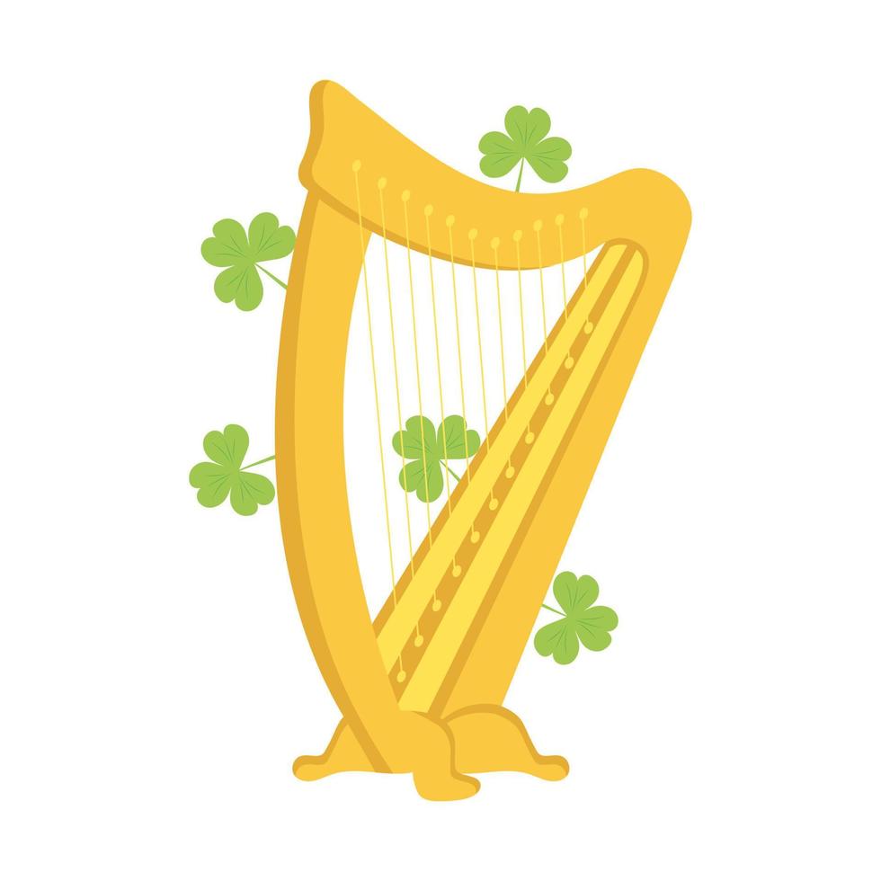 Goldharfe mit drei Kleeblättern, isoliert auf weiss. traditionelle symbole des irischen feiertags. Saint Patricks Day Feiertag. vektor