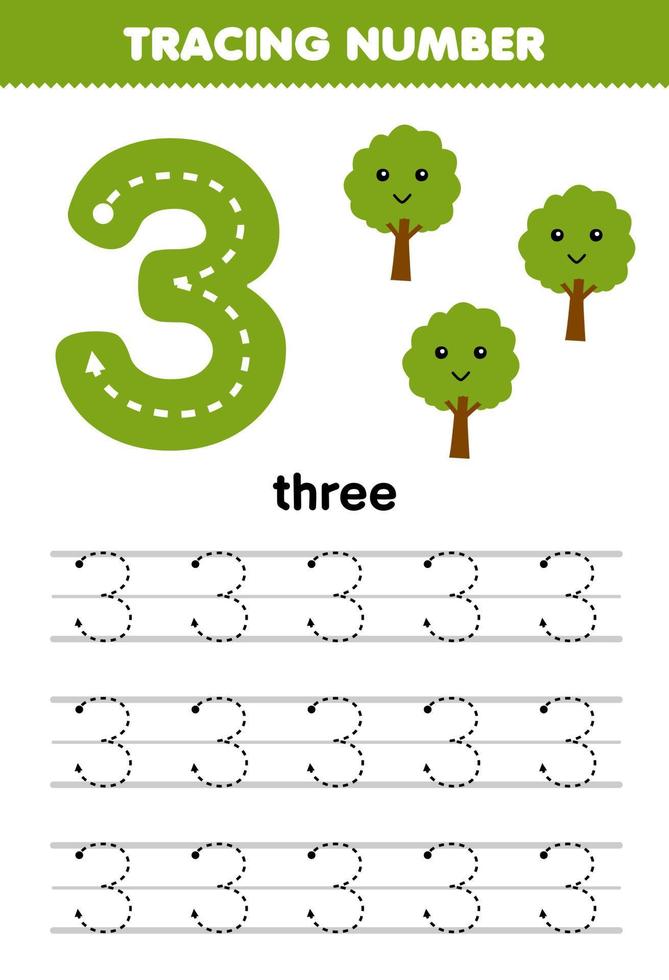 Bildungsspiel für Kinder, das Nummer drei mit niedlichem Cartoon-grünem Baumbild zum Ausdrucken des Naturarbeitsblatts verfolgt vektor