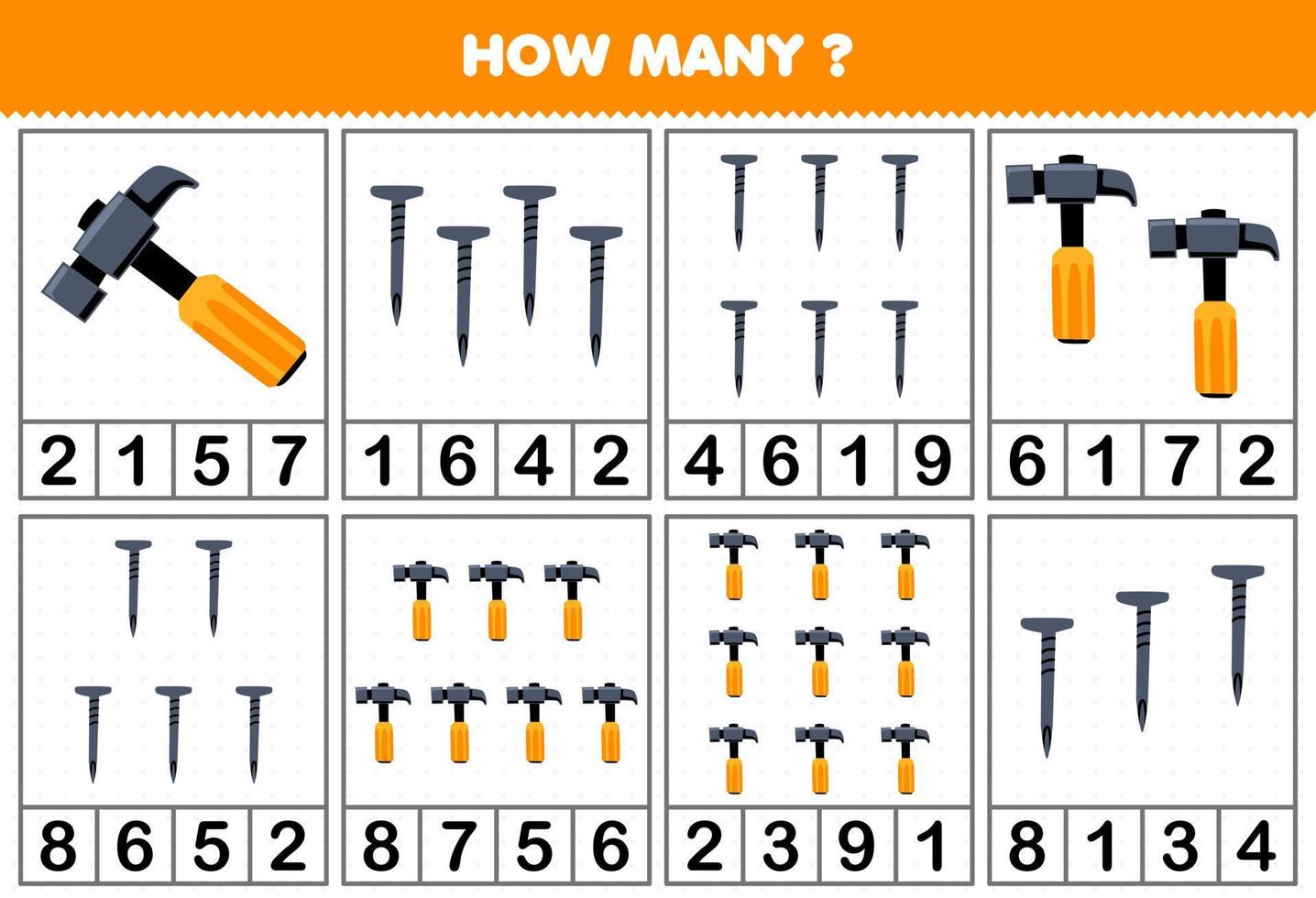 Lernspiel für Kinder, die zählen, wie viele niedliche Cartoon-Hammer oder Nägel in jedem druckbaren Werkzeugarbeitsblatt der Tabelle enthalten sind vektor