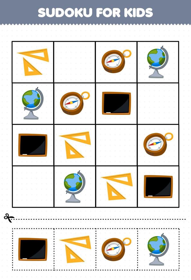 Bildungsspiel für Kinder Sudoku für Kinder mit niedlichem Cartoon-Tafellineal Kompass Globus druckbares Werkzeug-Arbeitsblatt vektor