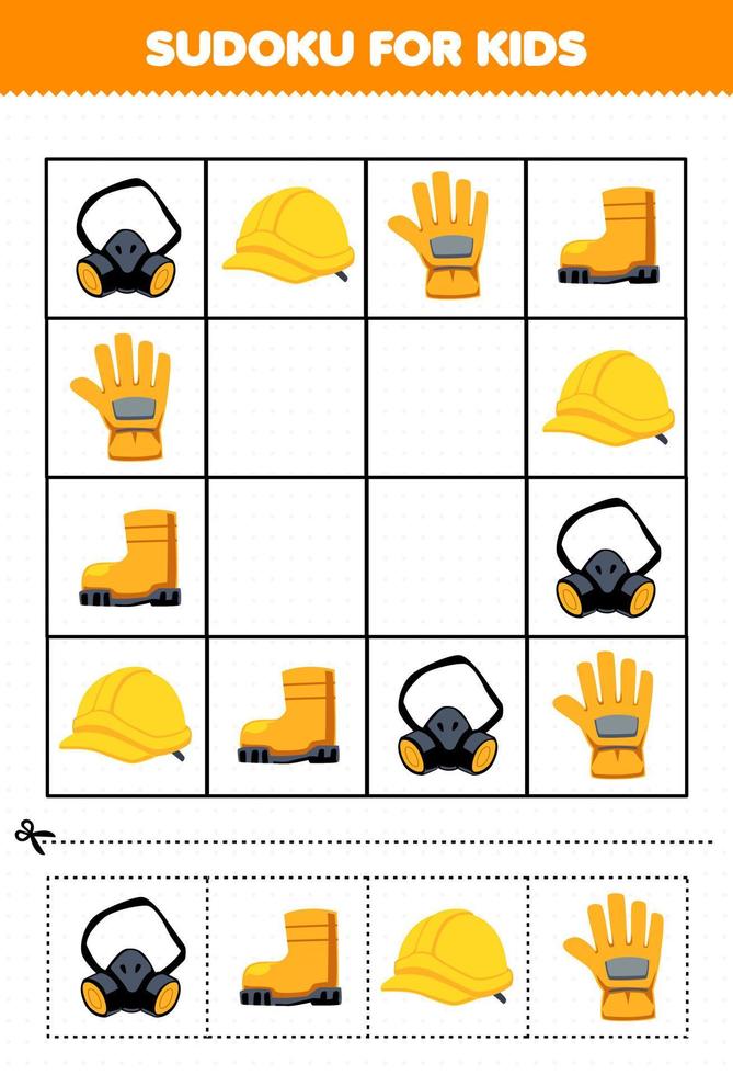 utbildning spel för barn sudoku för barn med söt tecknad serie masker känga roder handske tryckbar verktyg kalkylblad vektor
