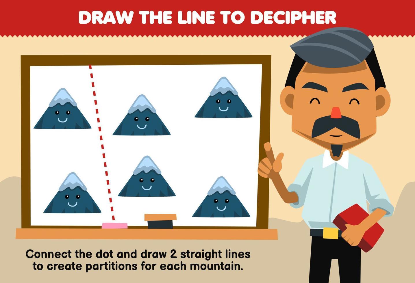 Bildungsspiel für Kinder hilft dem Lehrer, die Linien zu zeichnen, um ein druckbares Naturarbeitsblatt für Bergbilder zu trennen vektor