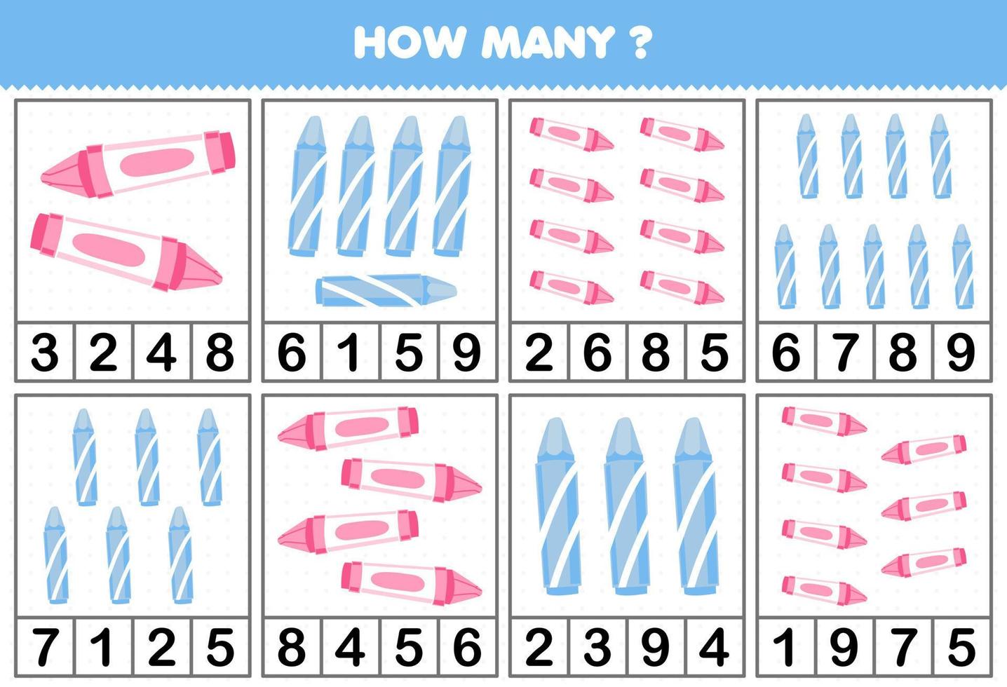Lernspiel für Kinder, die zählen, wie viele niedliche Cartoon-Buntstifte in jedem druckbaren Arbeitsblatt der Tabelle enthalten sind vektor