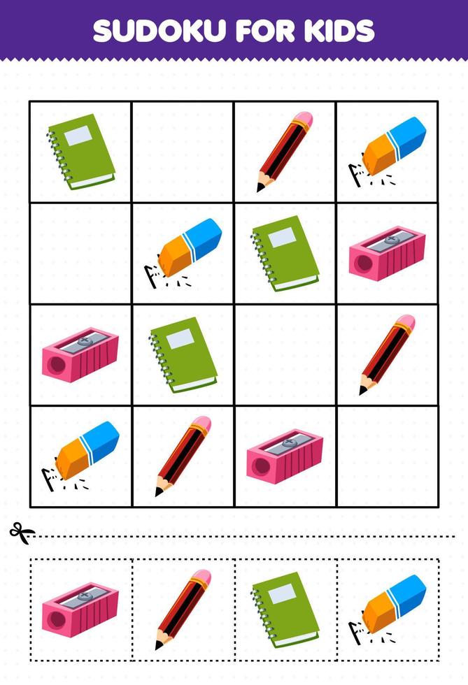 bildungsspiel für kinder sudoku für kinder mit niedlichem cartoon-spitzer bleistift buch radiergummi druckbares werkzeug arbeitsblatt vektor