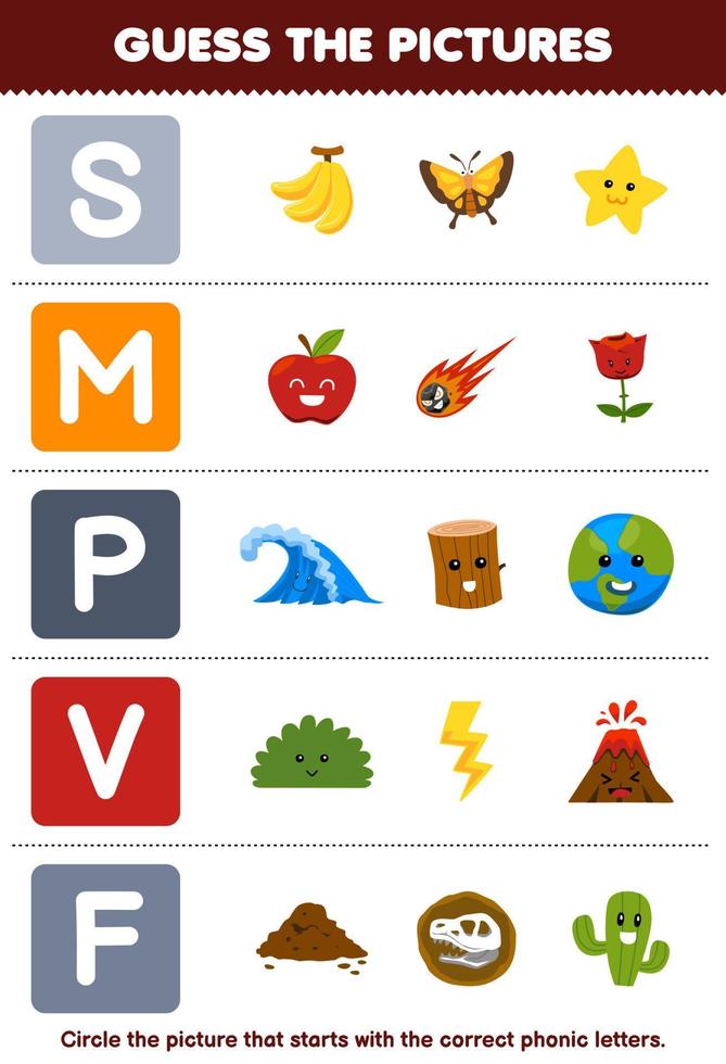 utbildning spel för barn gissa de korrekt bild för akustisk ord den där börjar med brev s m p v och f tryckbar natur kalkylblad vektor