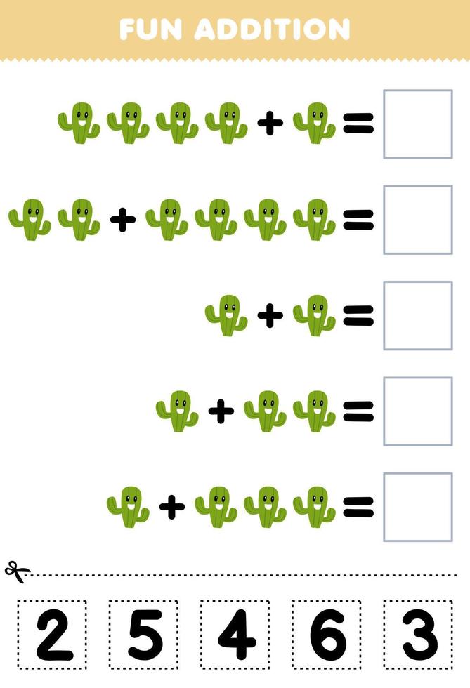 utbildning spel för barn roligt tillägg förbi skära och match korrekt siffra för söt tecknad serie kaktus tryckbar natur kalkylblad vektor