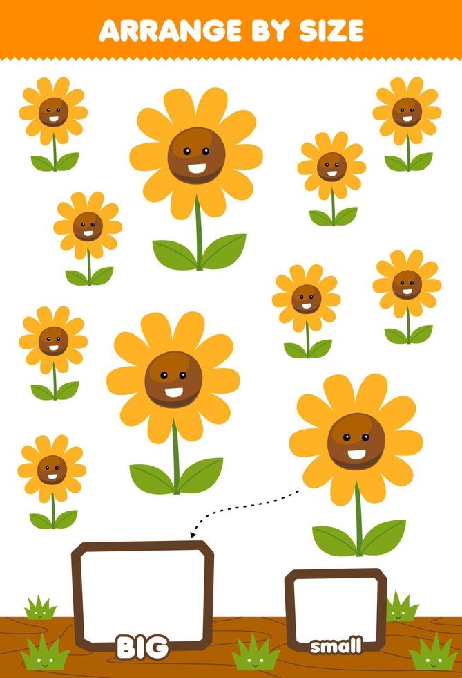 Lernspiel für Kinder Sortieren nach Größe groß oder klein Legen Sie es in die Geschenkbox mit niedlichen Cartoon-Blume zum Ausdrucken Natur-Arbeitsblatt vektor