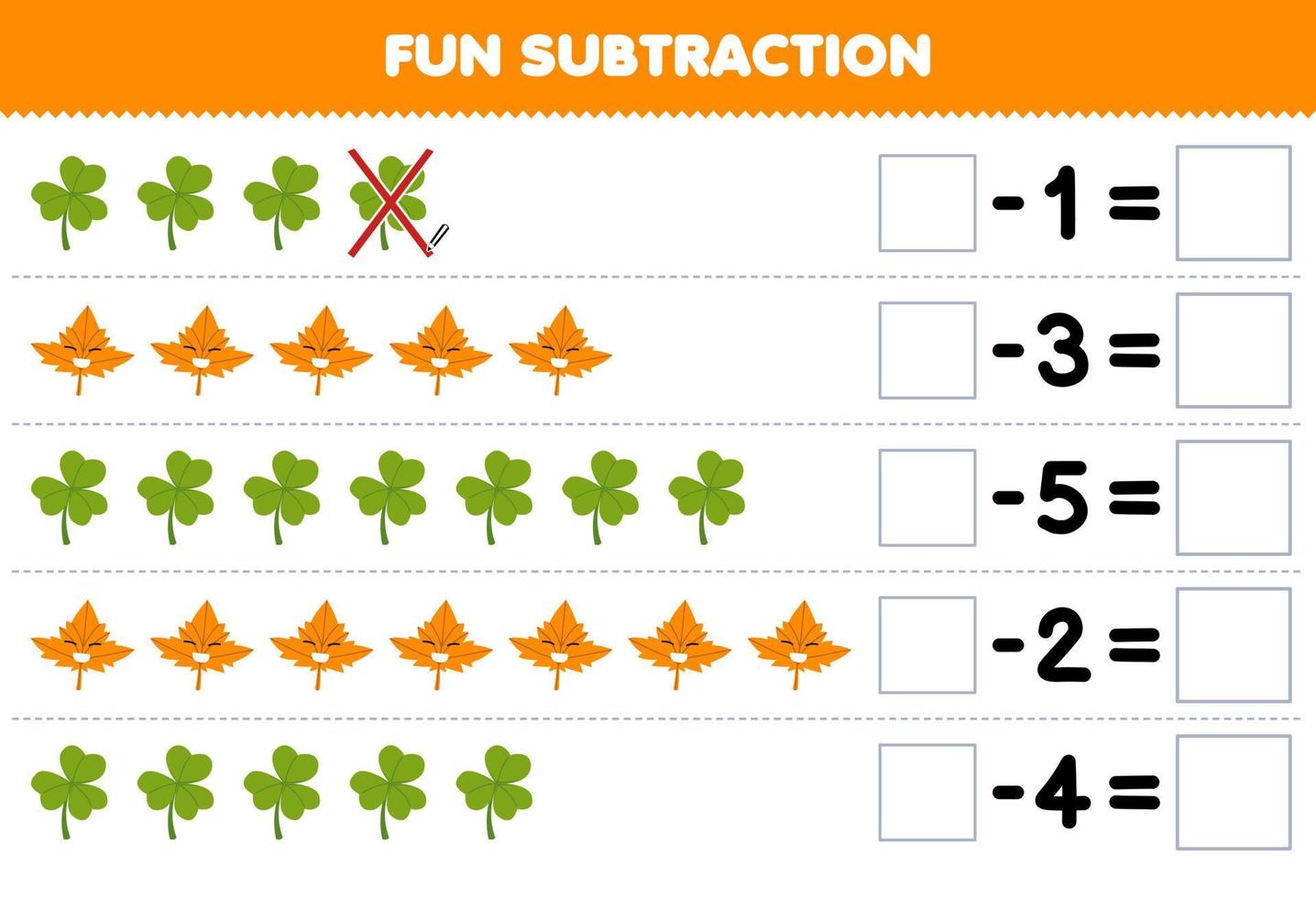 utbildning spel för barn roligt subtraktion förbi räkning söt tecknad serie blad varje rad och eliminera den tryckbar natur kalkylblad vektor