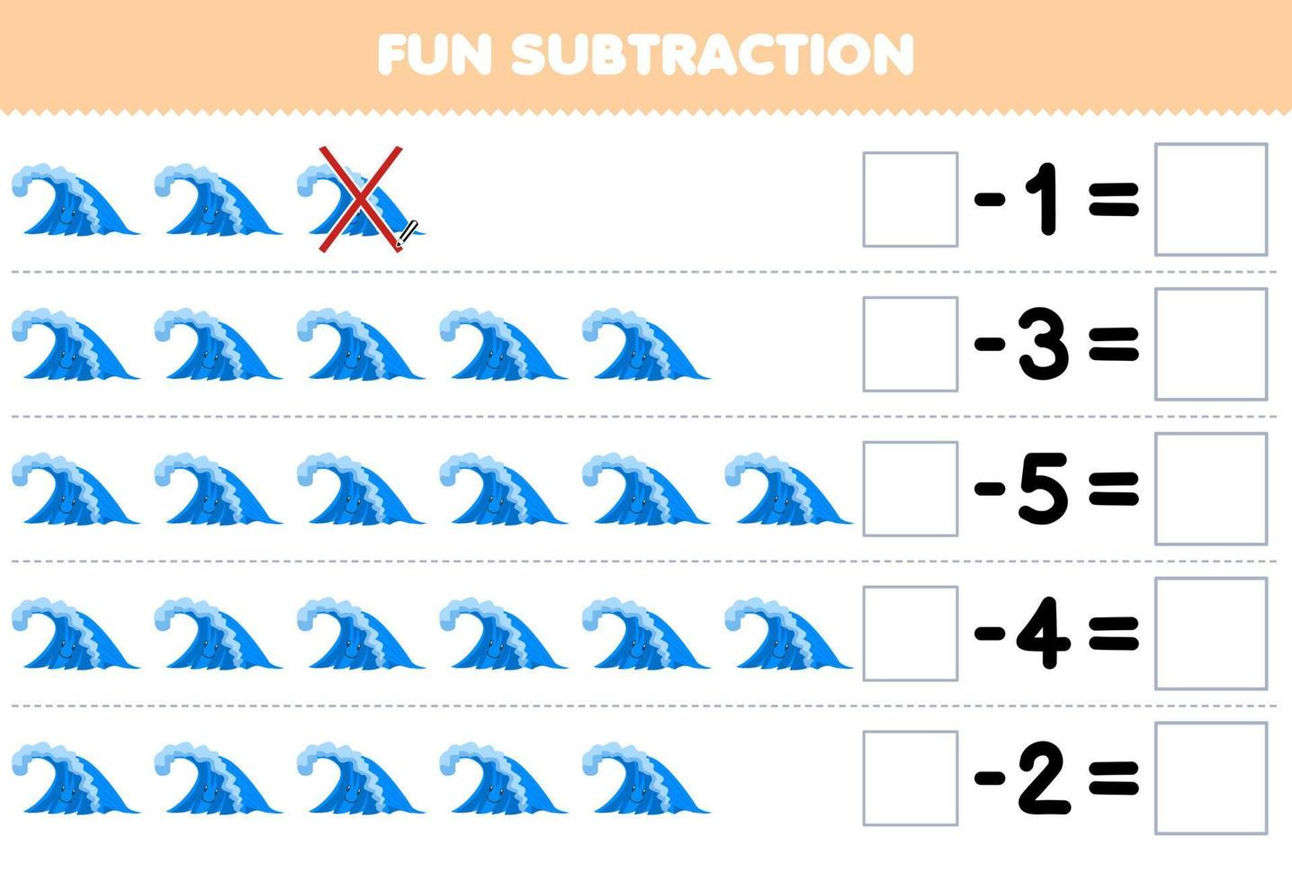 Lernspiel für Kinder Spaßsubtraktion durch Zählen der niedlichen Cartoon-Welle in jeder Reihe und Eliminieren des druckbaren Naturarbeitsblatts vektor