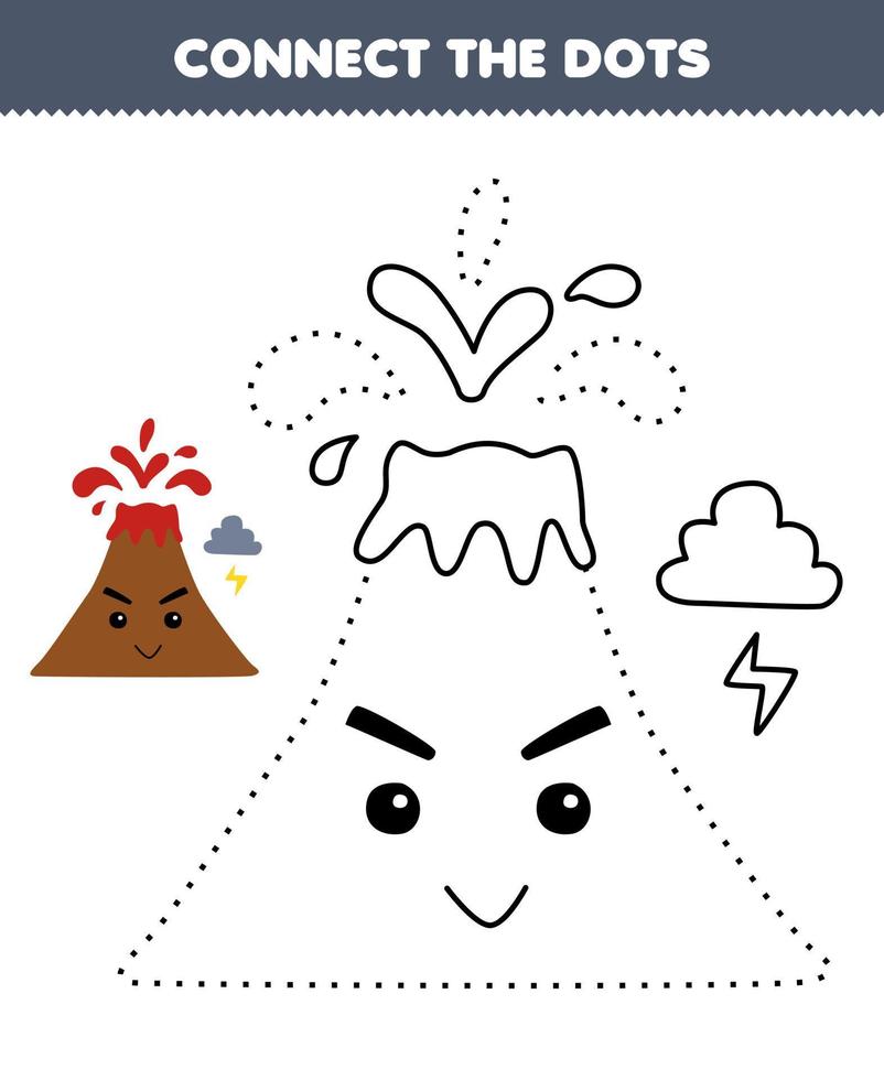 Lernspiel für Kinder Verbinden Sie die Punkte und Färben Sie die Praxis mit einem niedlichen Cartoon-Vulkan-Naturarbeitsblatt zum Ausdrucken vektor