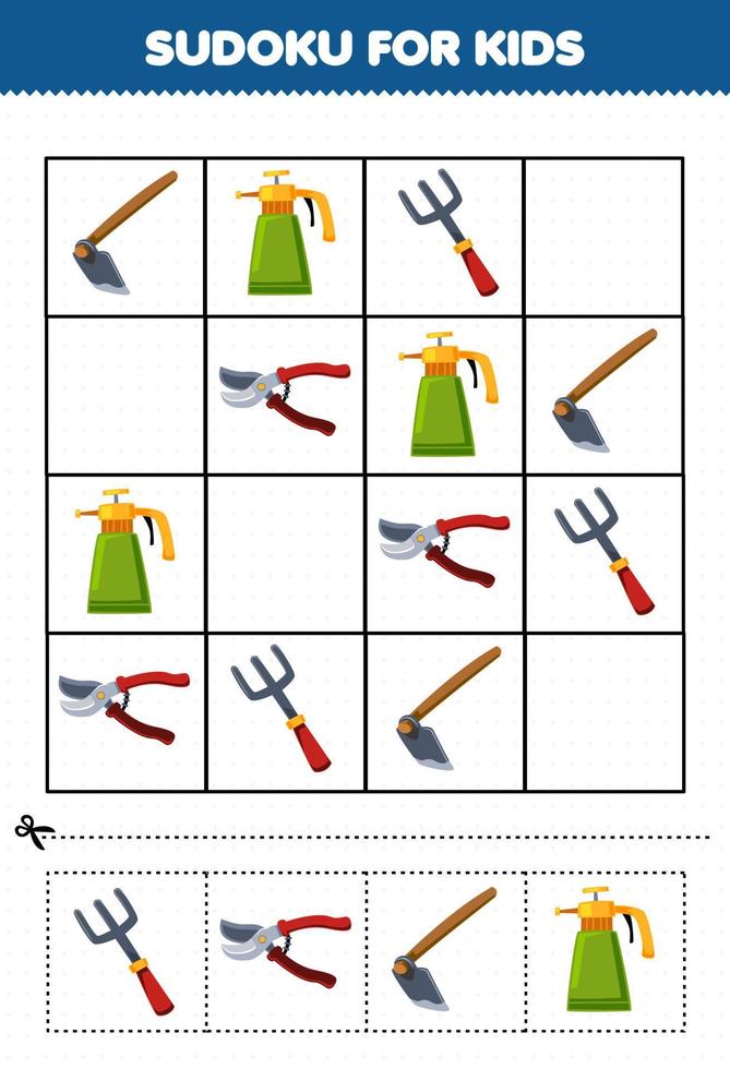 utbildning spel för barn sudoku för barn med söt tecknad serie hacka spruta gaffel beskärare tryckbar verktyg kalkylblad vektor