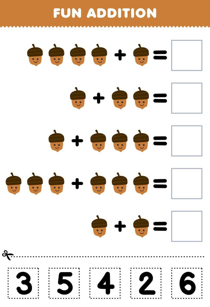 utbildning spel för barn roligt tillägg förbi skära och match korrekt siffra för söt tecknad serie ekollon tryckbar natur kalkylblad vektor